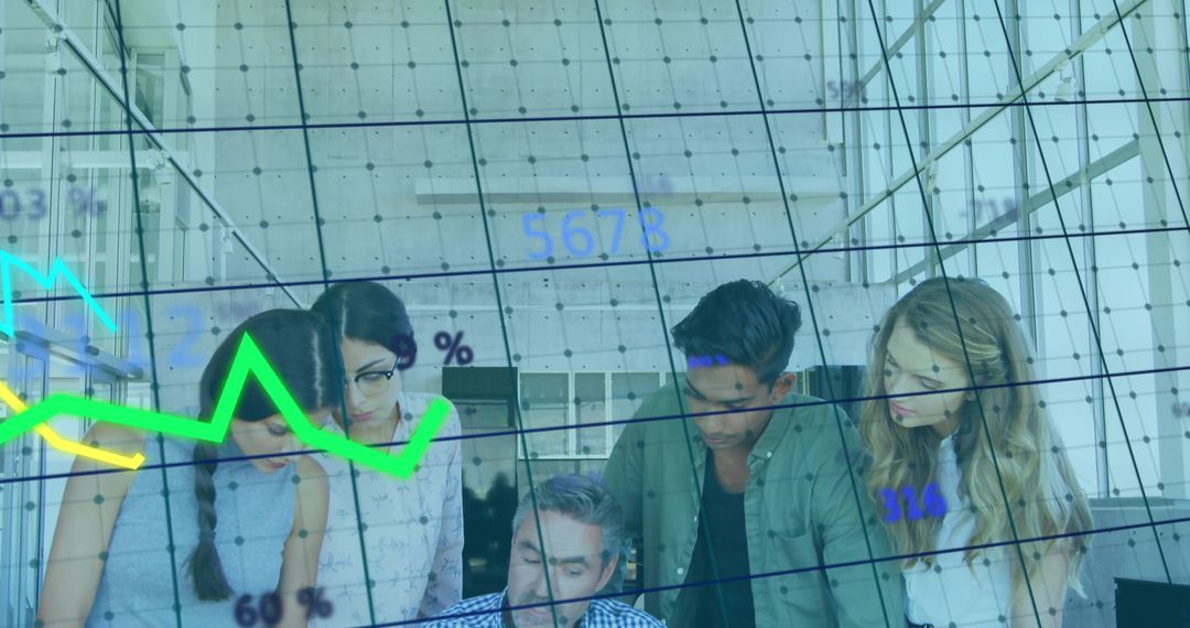 Team Analyzing Laptop Data with Graphs and Charts Overlay in Modern Office