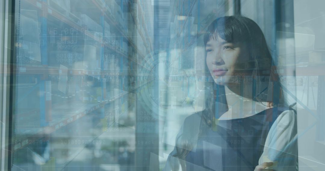 Biracial Businesswoman Integrating with Digital Interface