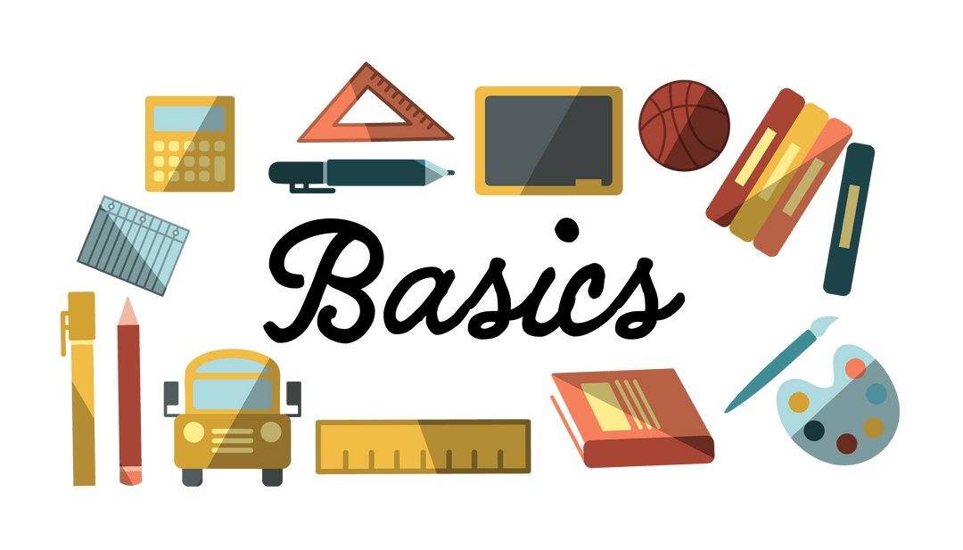 Transparent Background School Icons with Basics Text Illustration