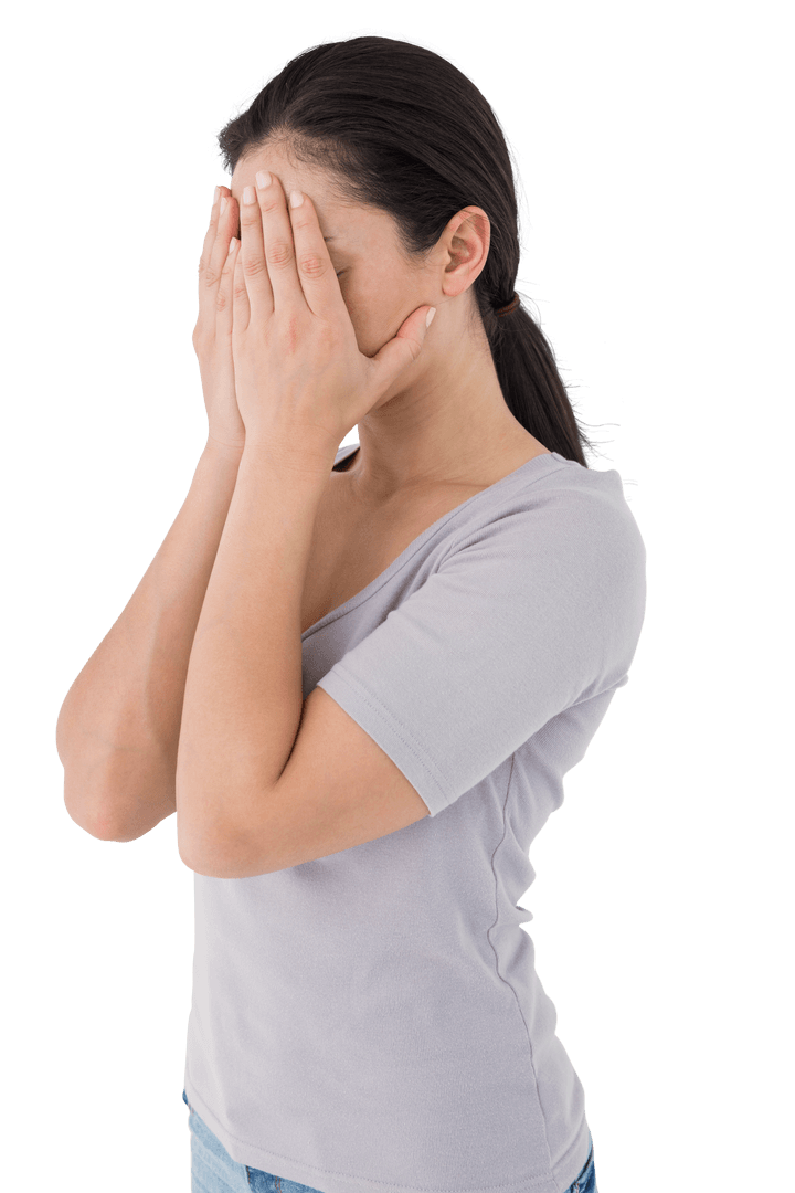 Transparent Sad Brunette Covering Face with Hands
