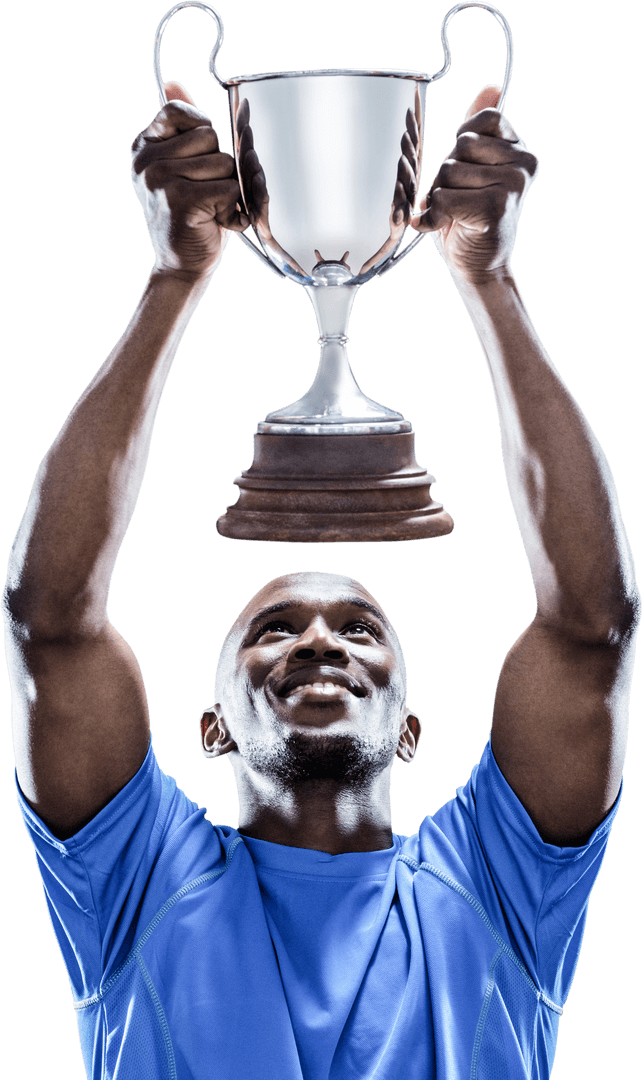 Triumphant Athlete Holding Silver Trophy on Transparent Background