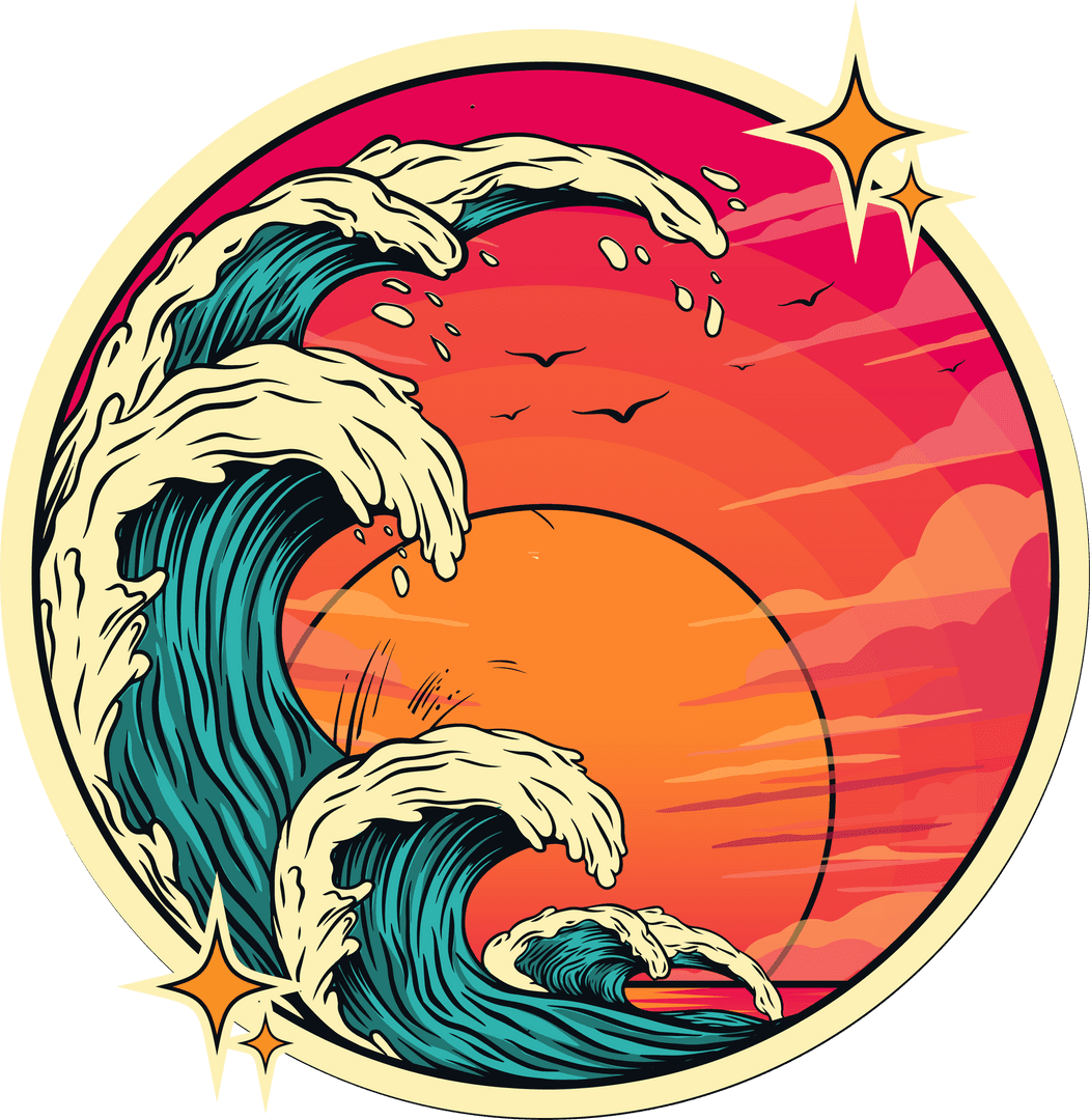 Vibrant Ocean Wave at Sunset on Transparent Background