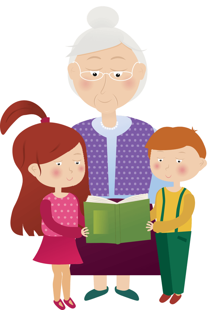 Grandmother and Grandchildren Reading Book on Transparent Background