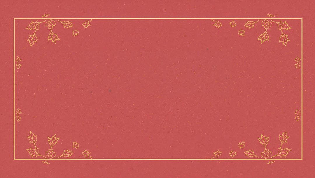 Gold Foil Frame on Red Textured Cardstock with Holly Corner Motifs and Tiny Gold Flecks