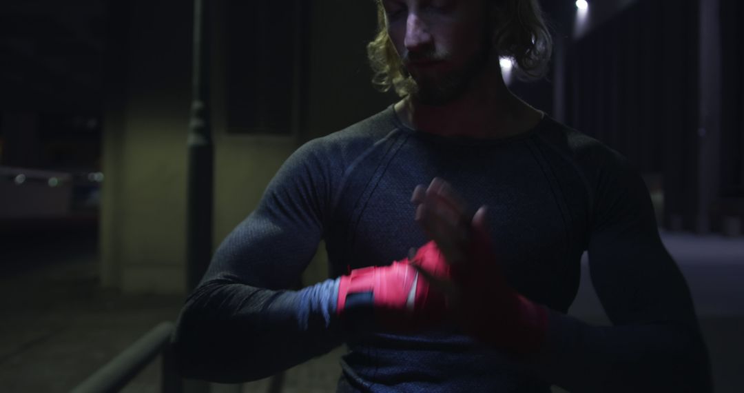 Male boxer wrapping hands with red bandages at night - Free Images, Stock Photos and Pictures on Pikwizard.com