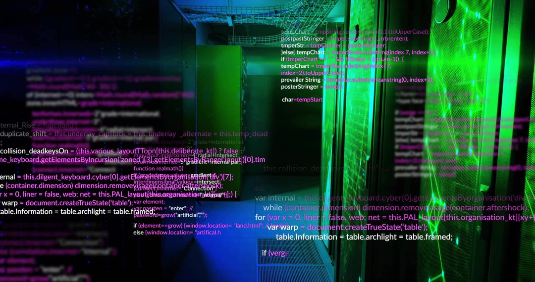 Futuristic Data Center with Glowing Server Cabinets and Networking Code