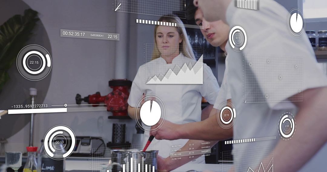 Chefs Stirring in Test Kitchen with Augmented Reality Data Overlays for Recipe R&D