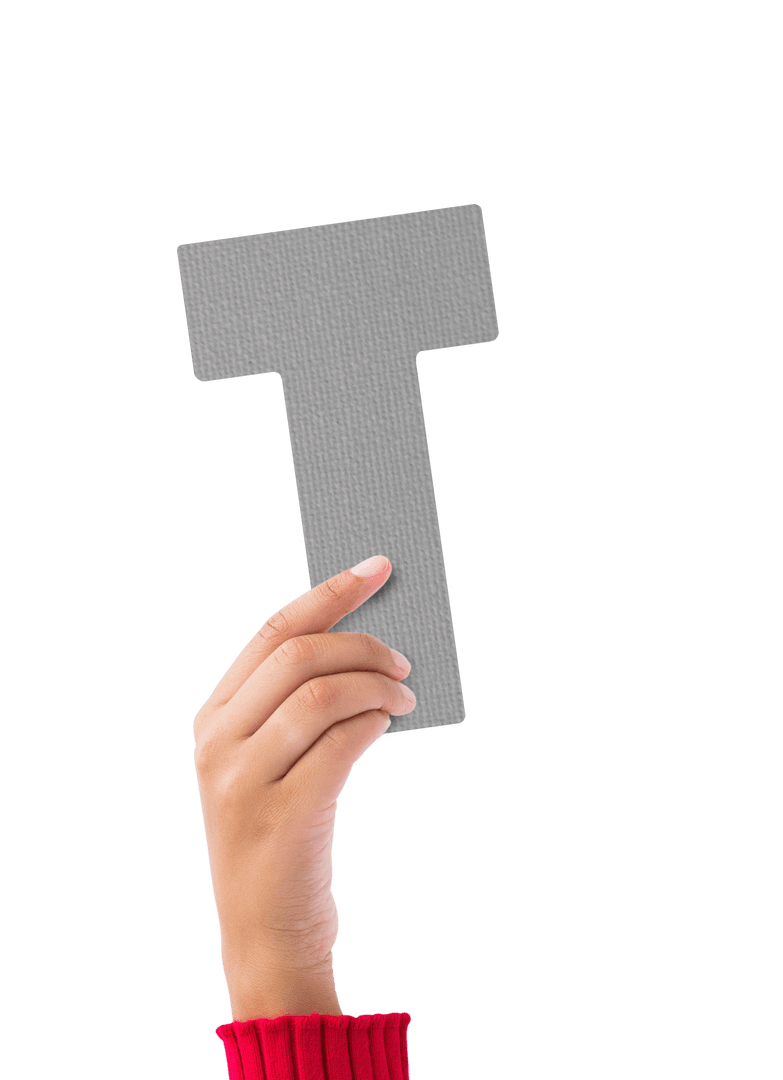 Hand Holding Gray Letter T isolated on Transparent Background