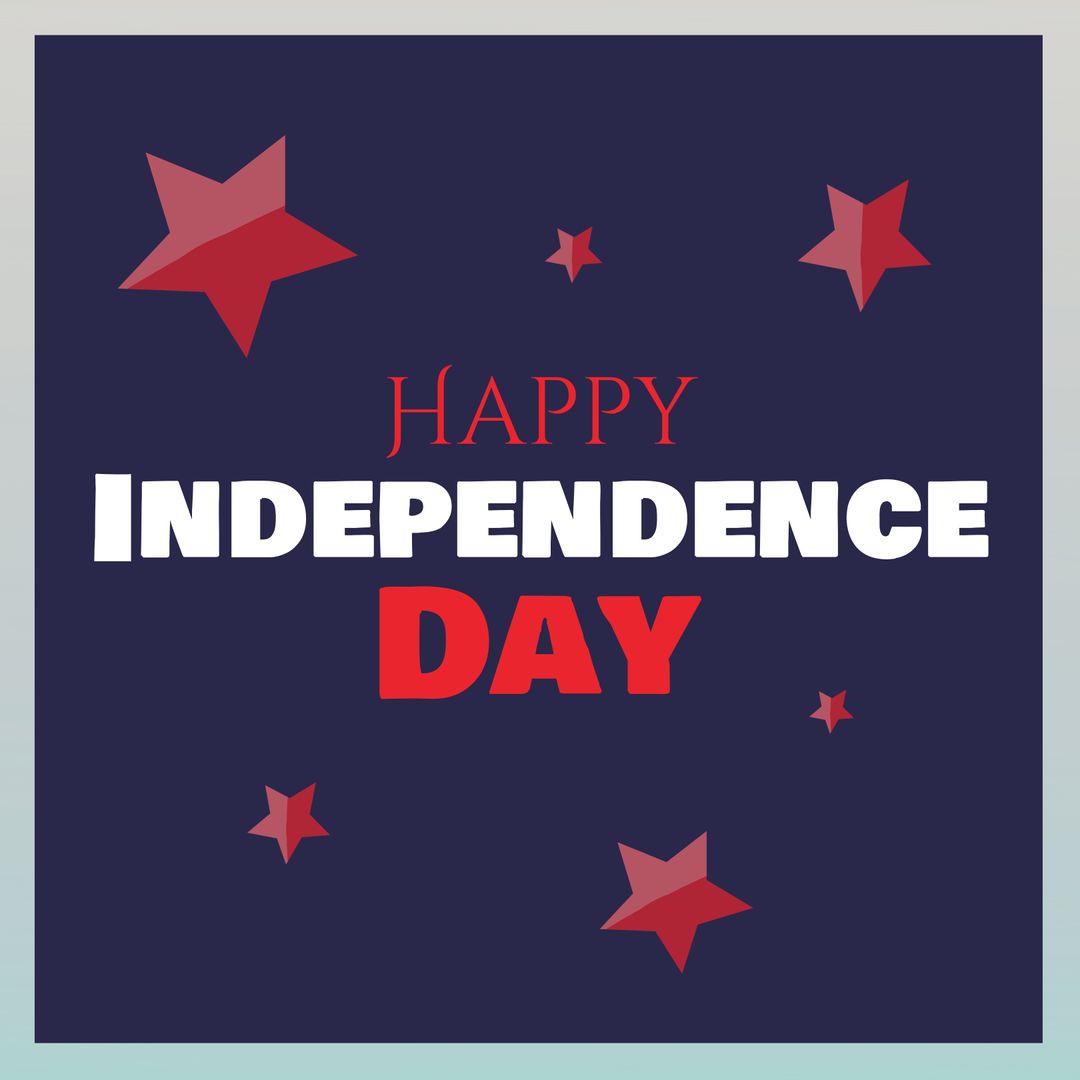 Happy Independence Day Text with Red Stars on Blue Background