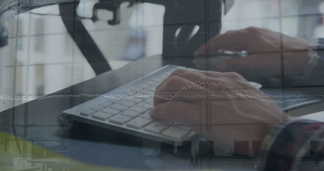 Young Professional Typing Concept with Data and Office Reflection