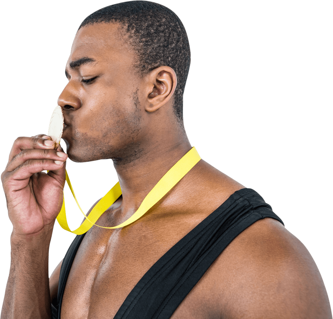 Transparent Athlete Kissing Gold Medal with Yellow Ribbon