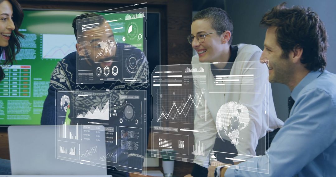 Business Professionals Analyzing Data with Holographic Technology