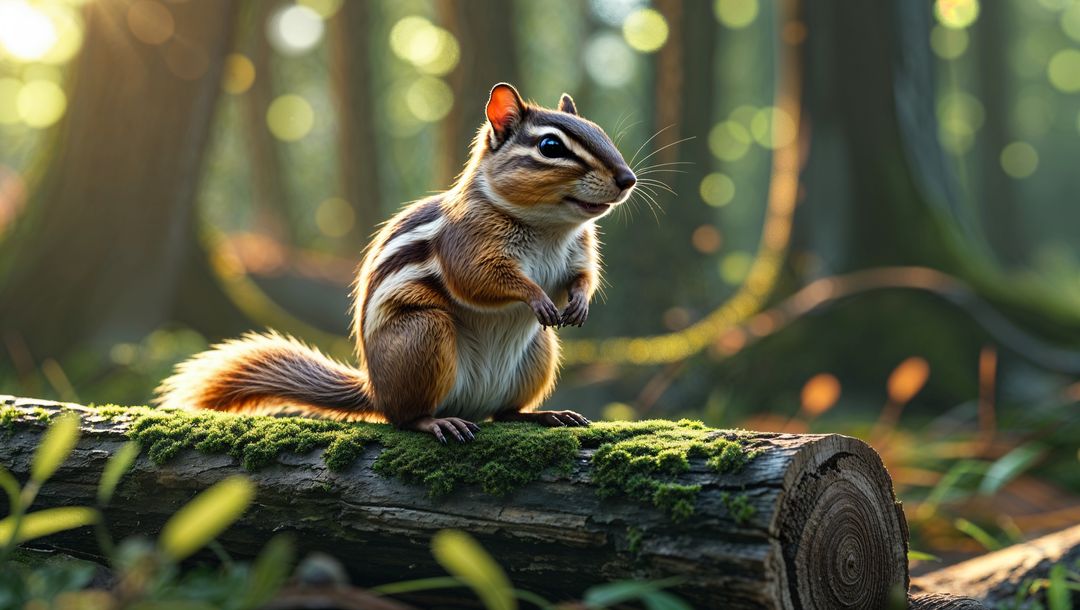 Chipmunk Posing on Mossy Log in Tranquil Pine Forest