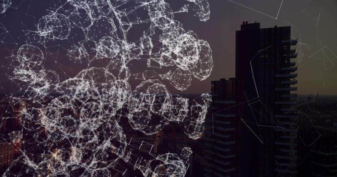 Futuristic Digital Network Illuminating City Skyline at Dusk