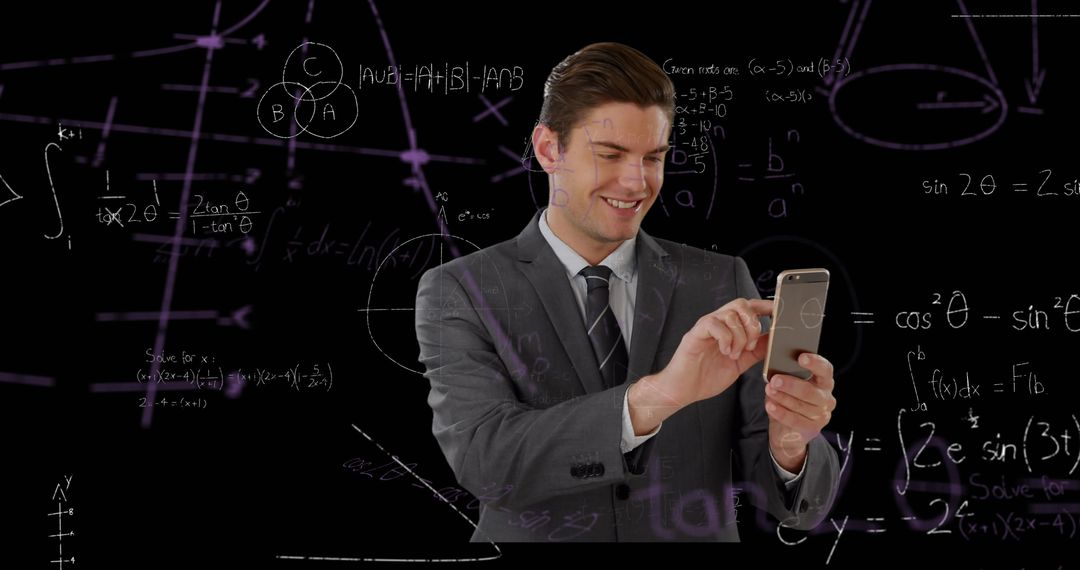 Businessman Engaging with Digital Mathematical Concepts