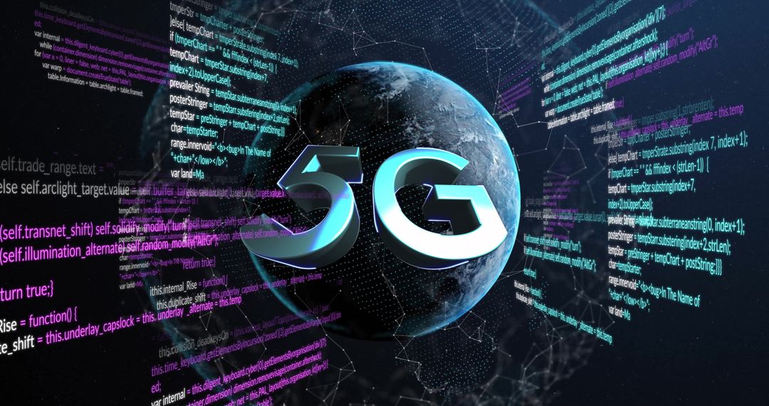 Futuristic 5G Symbol Hovering Over Digital Earth with Streaming Code