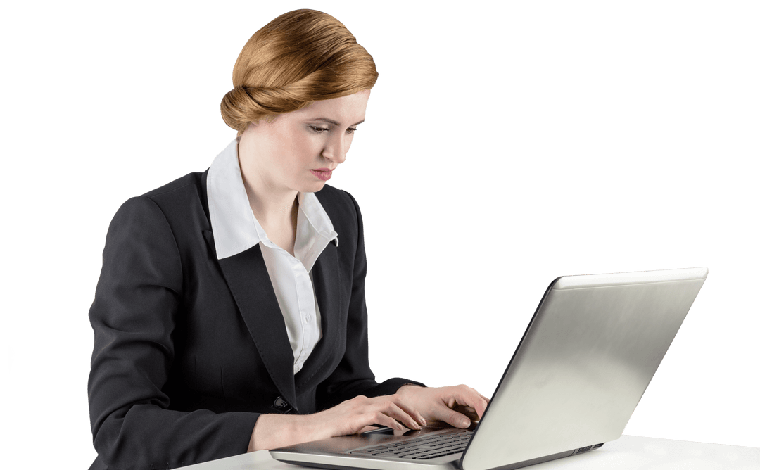 Transparent Redhead Businesswoman Working on Laptop