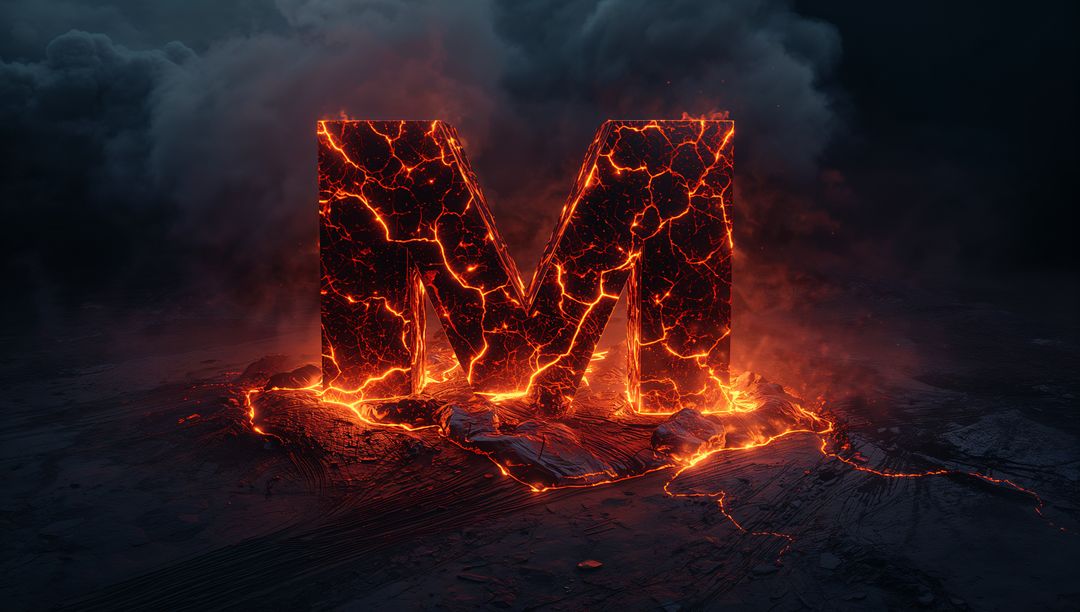 Glowing Volcanic Letter M With Seeping Molten Lava Streams and Smoke