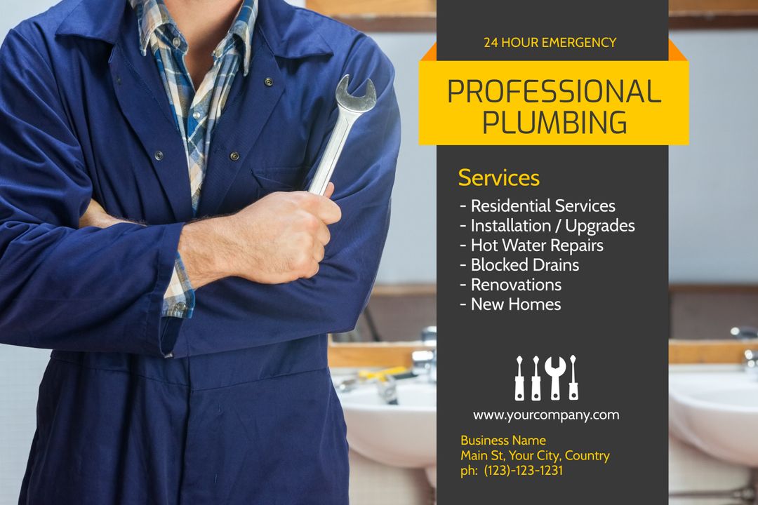 Professional Plumbing Services Advertisement with Plumber Holding Wrench