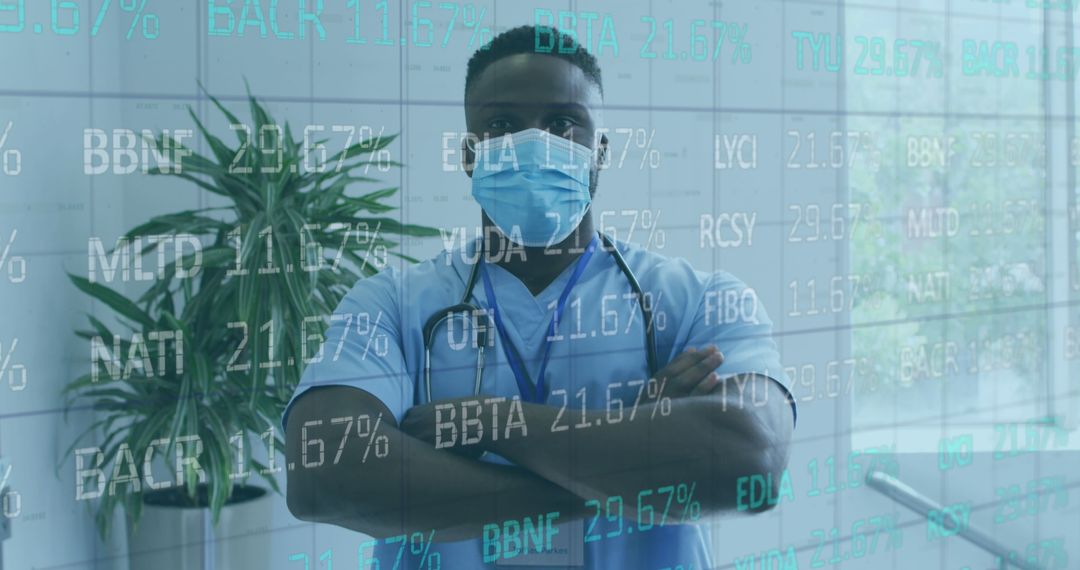 Confident Doctor Amid Digital Data Overlay in Medical Setting