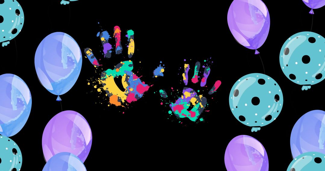 Colorful Handprints and Balloons on Dark Background