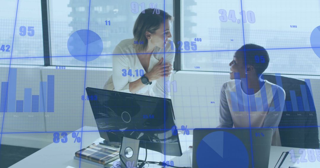 Financial Data Overlay on Diverse Team in Modern Office