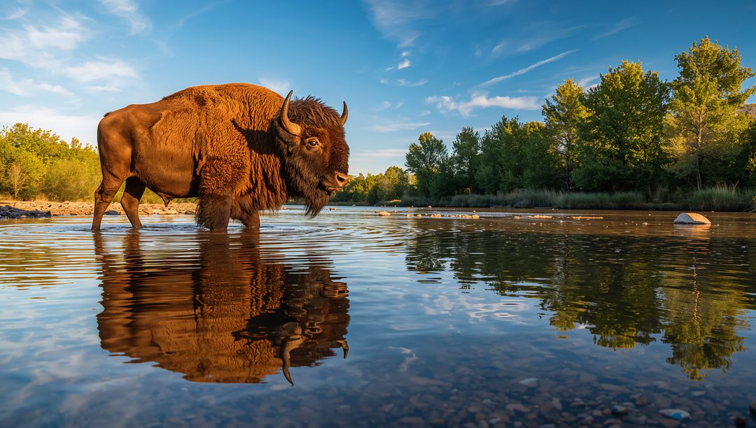 Majestic American bison wading in shallow river with mirror reflection at golden hour