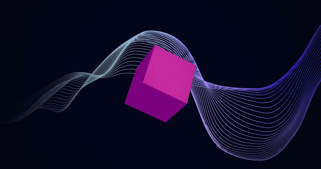 Purple Cube Floating with Dynamic Wavy Lines on Black Background
