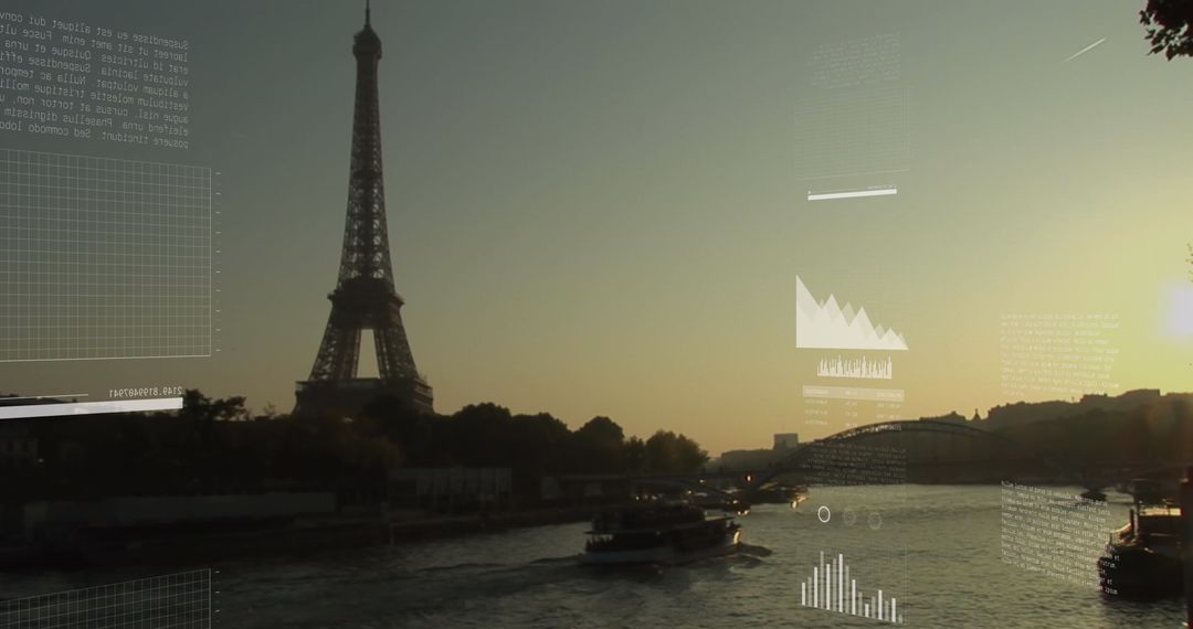 Financial Data Visualization Over Paris Skyline with Evening Seine River