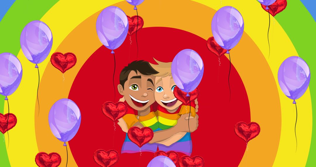 Boys Embracing Pride with Balloons and Rainbow Colors