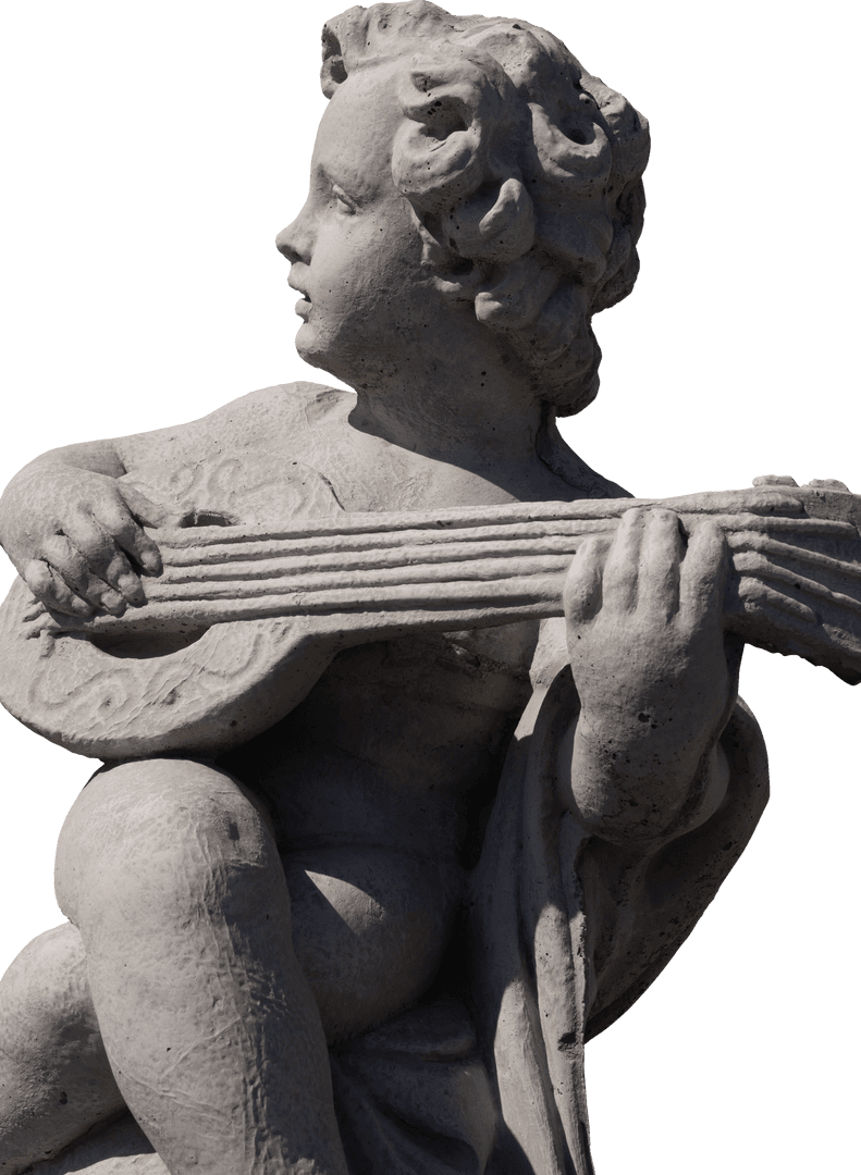 Weathered Cherub Sculpture with Guitar on Transparent Background