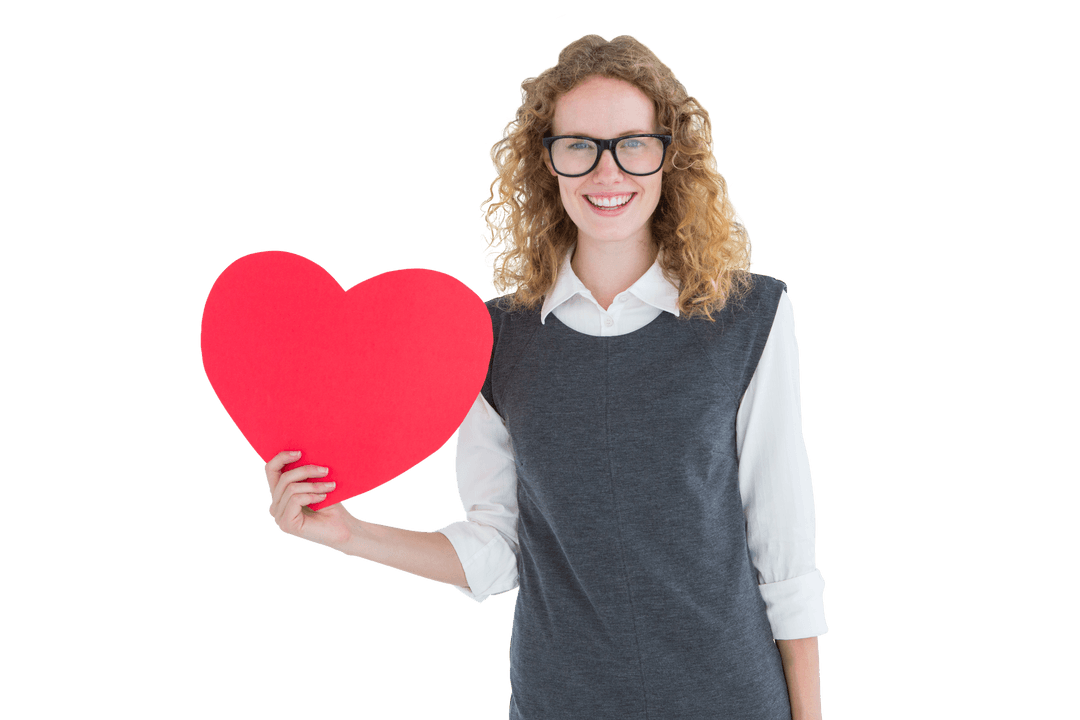 Smiling Woman Holding Heart Shape in Transparent Background