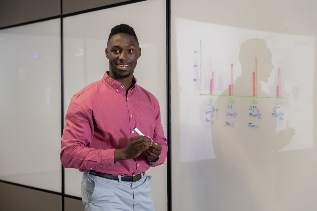 Professional Presenter Demonstrating Bar Chart on Modern Glass Whiteboard