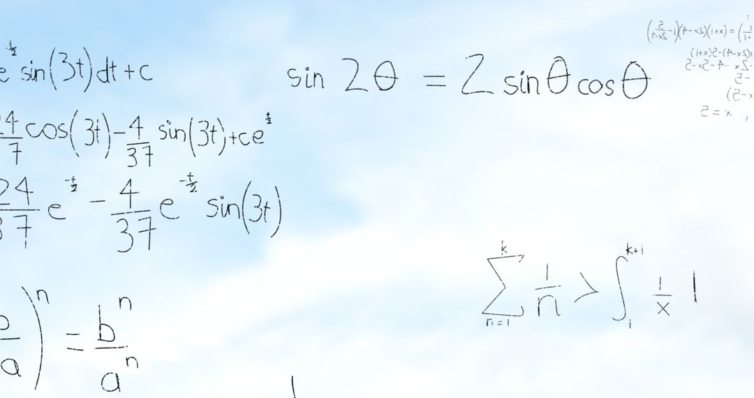 Floating Mathematical Formulas on Pale Blue Sky Background