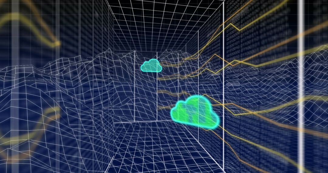 Digital Cloud Icons Over Virtual Metaverse Grid Network