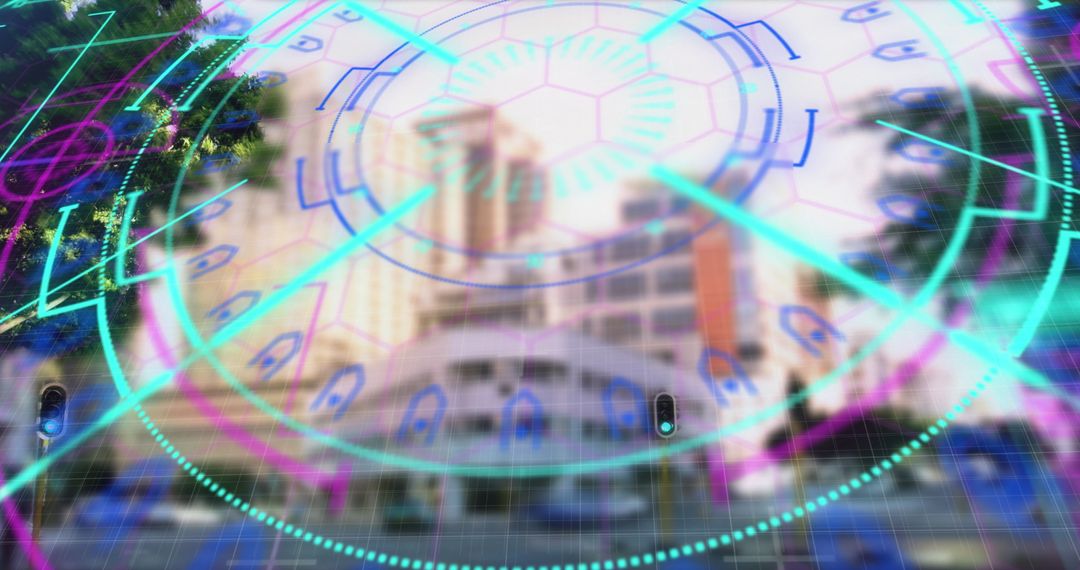 Digital Interface Overlay on Futuristic Cityscape