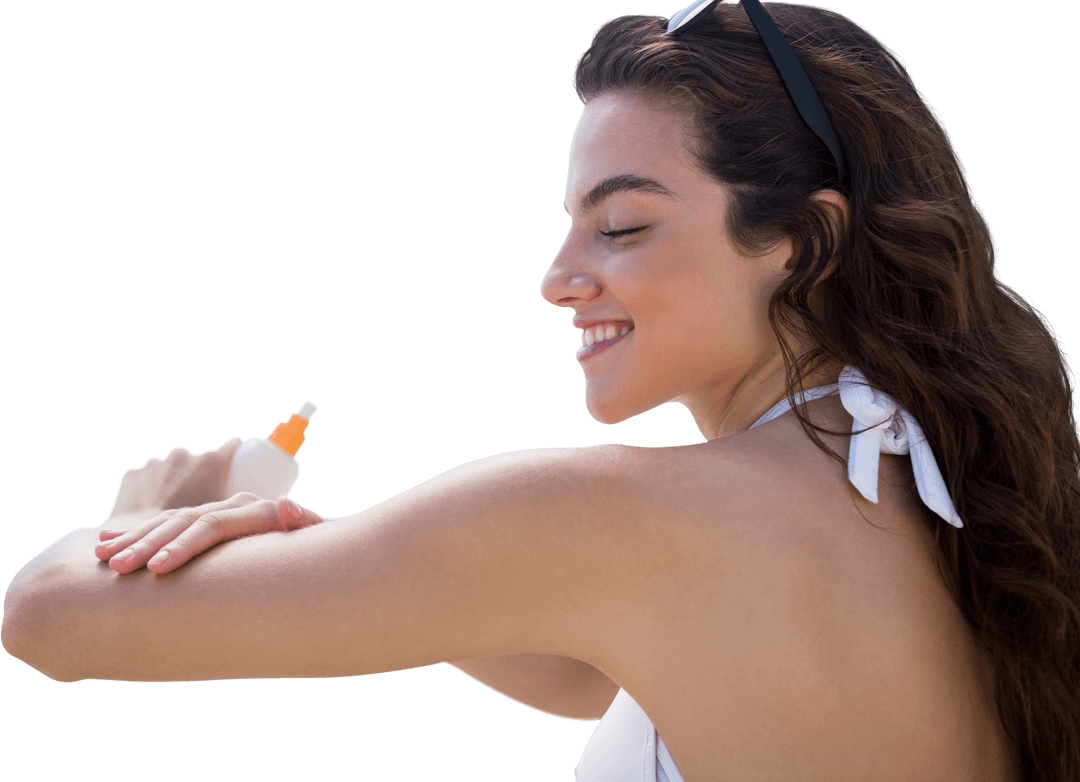 Transparent Woman applying Sunscreen In Swimsuit