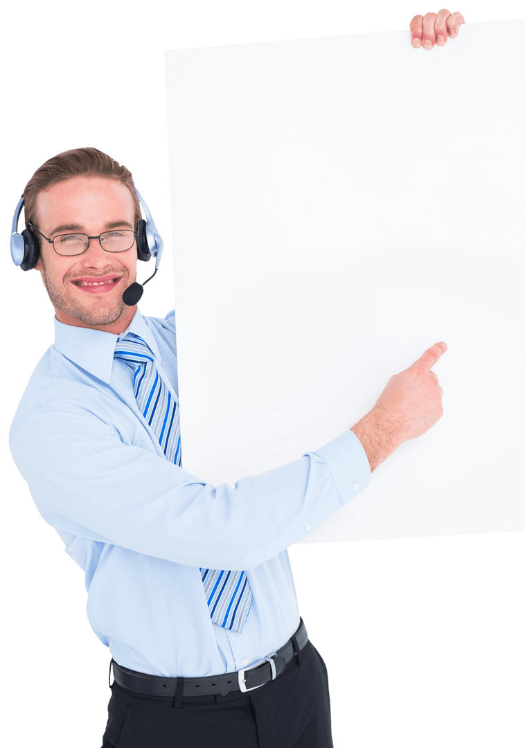 Businessman Holding Transparent Card Wearing Headset Smiling
