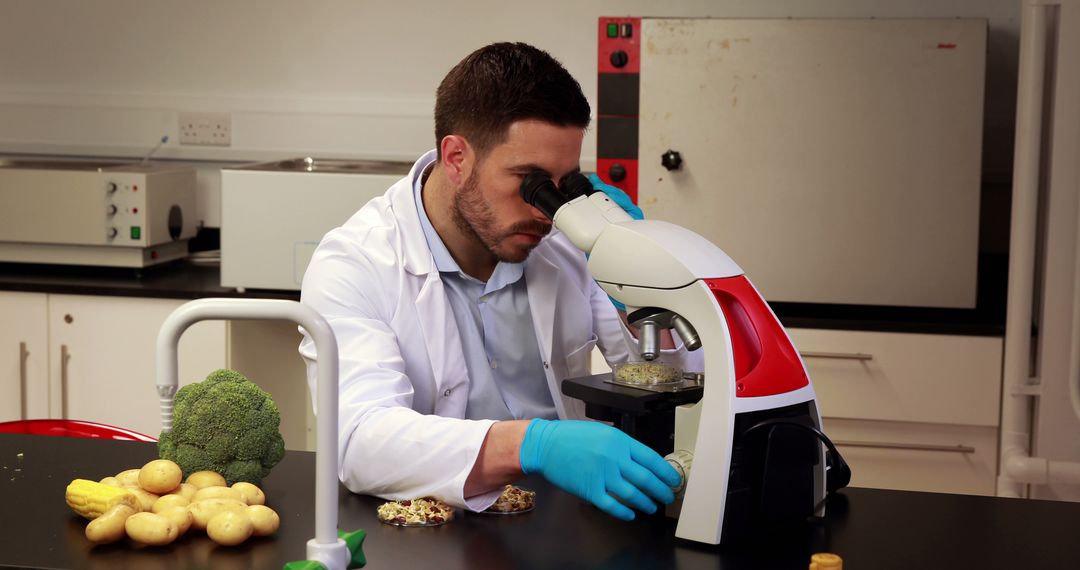 Scientist Examining Vegetables in Laboratory with Microscope - Free Images, Stock Photos and Pictures on Pikwizard.com