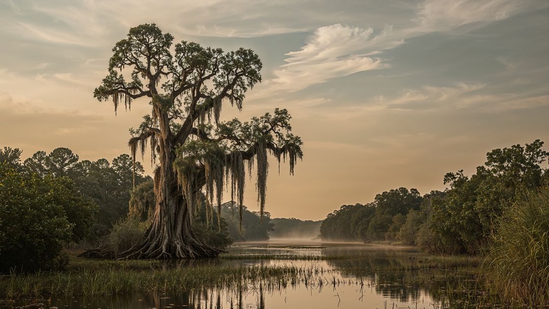 Majestic Bald Cypress with Spanish Moss in Peaceful Wetland Scene