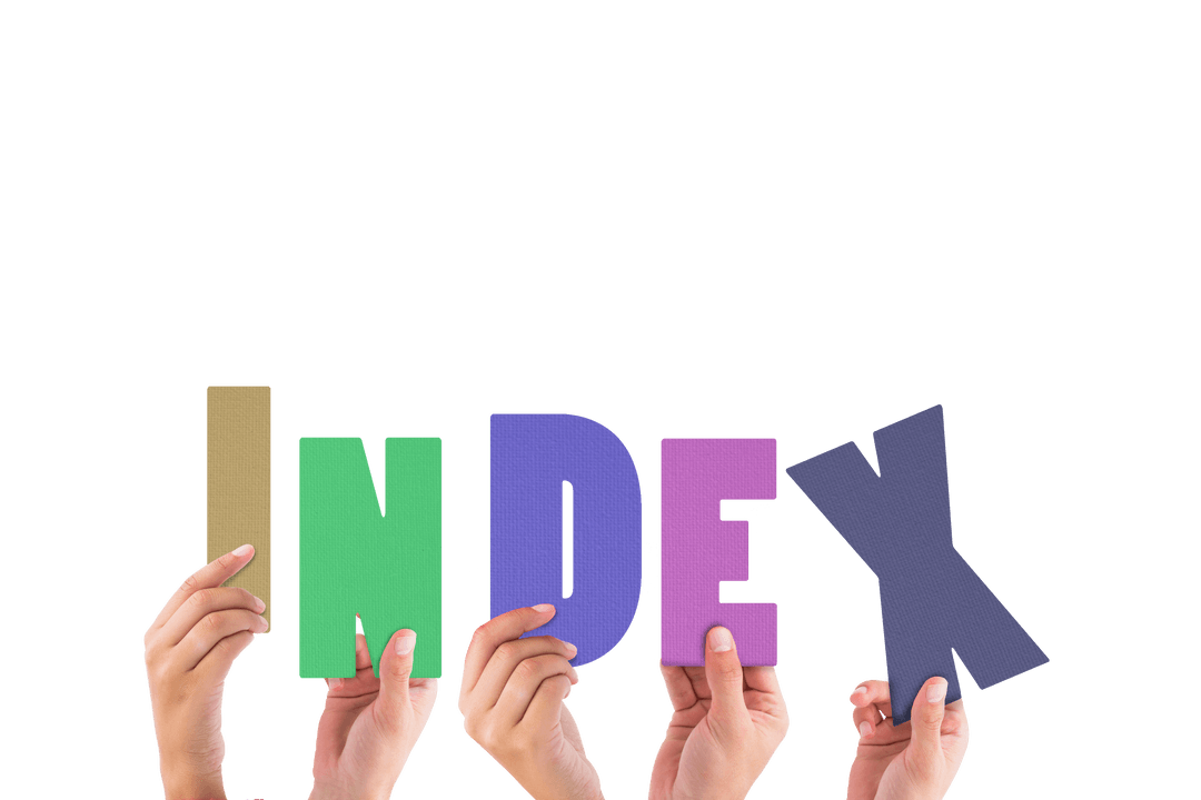 Transparent Hands Holding Colorful Alphabet Spelling Index