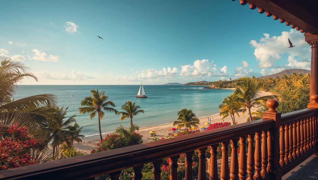 Oceanfront Balcony Overlooking Tropical Bay with Sailboat, Palm Trees and Bougainvillea