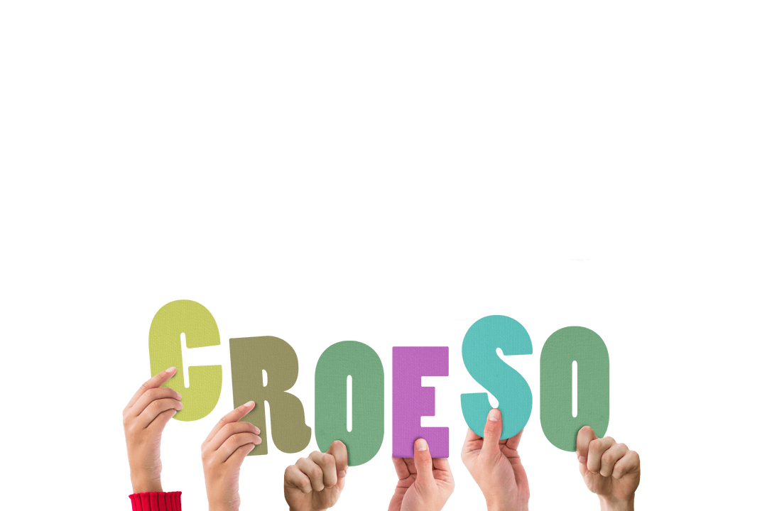 Hands Holding Colorful Groeso Text on Transparent Background