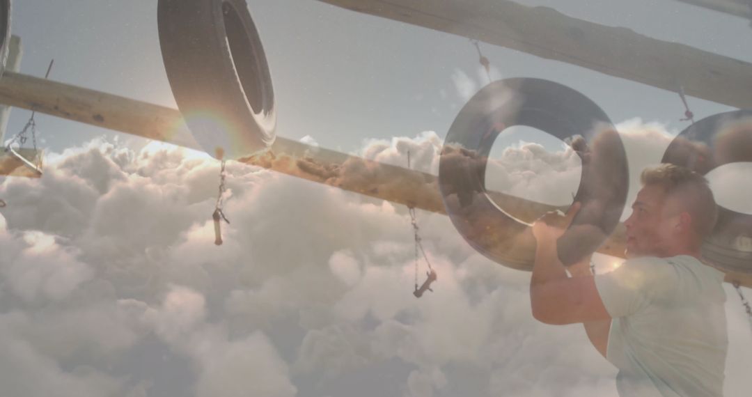 Athlete Navigating Tire Challenge on Outdoor Obstacle Course