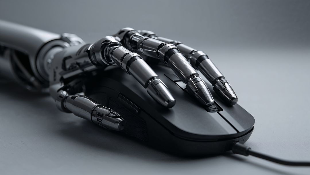 Robotic Hand Operating Computer Mouse Symbolizing Futuristic Technology