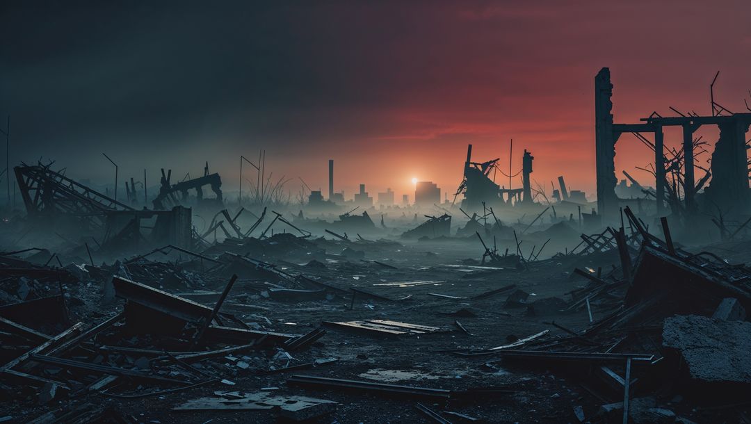 Ethereal Dusk Over Abandoned Post-Apocalyptic Cityscape