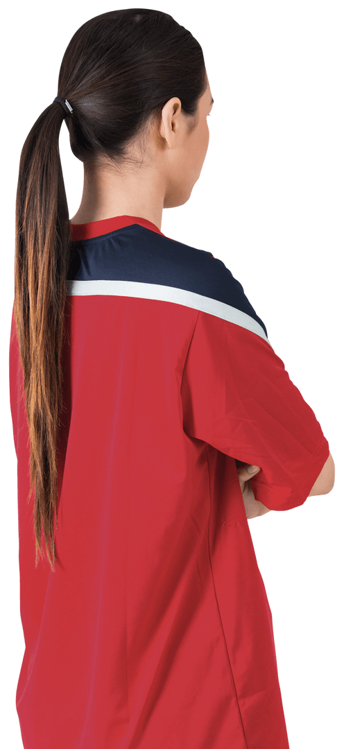 Football Fan in Red Jersey with Ponytail Looking Away