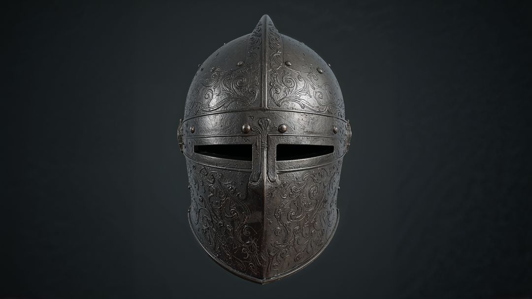 Intricately Crafted Medieval Knight Helmet Against Dark Backdrop