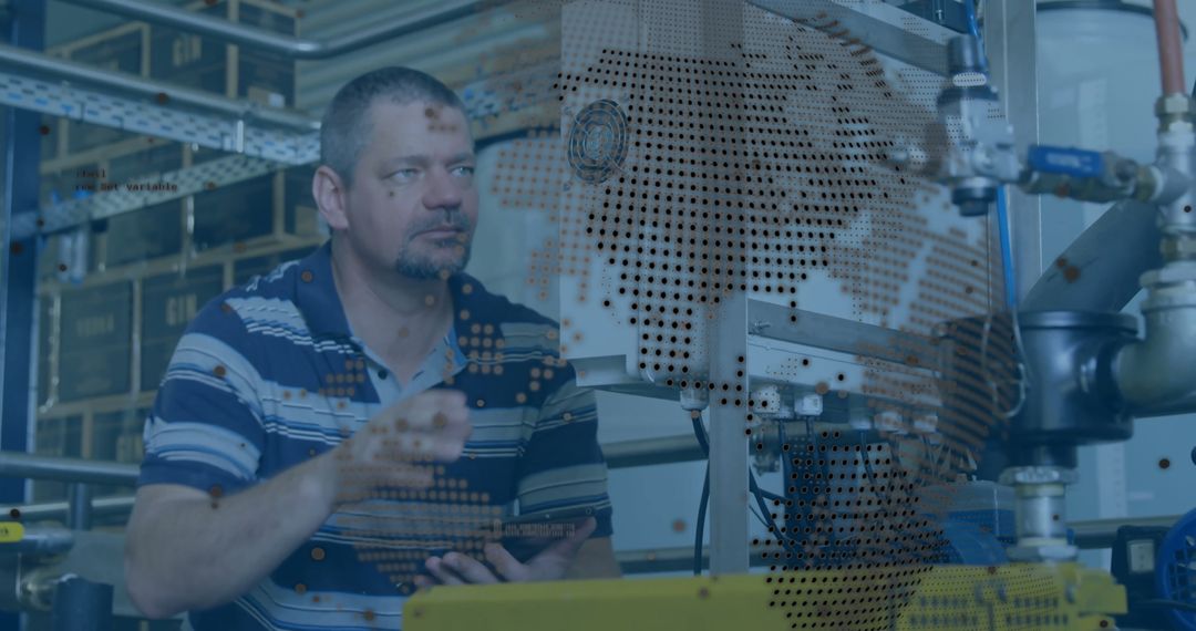 Industrial Technician Interacting with Machinery and Digital Interface