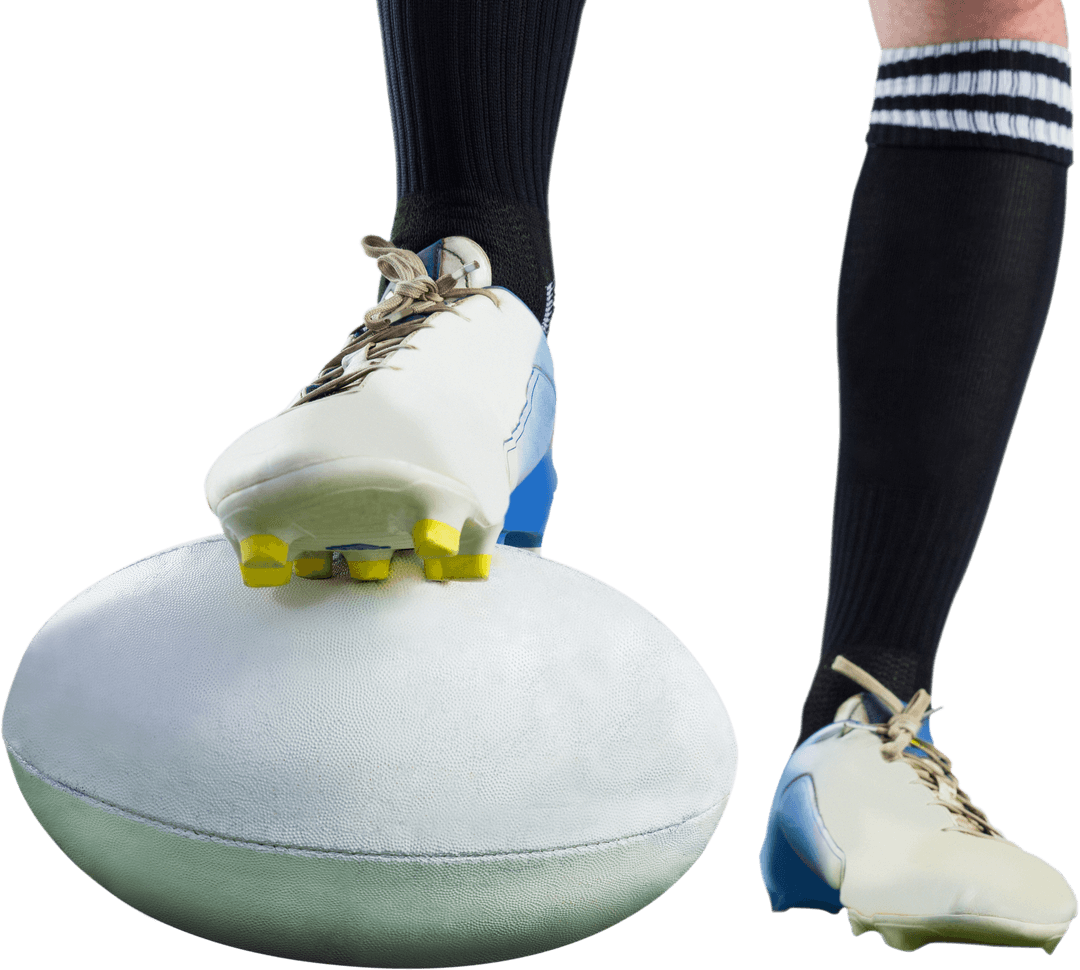 Rugby Player Posing Foot on Rugby Ball Transparent Background